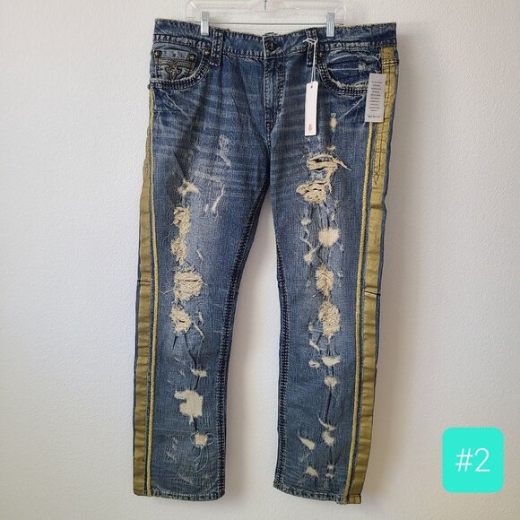 Rock Revival Reid Alt Straight Distressed Denim Jeans Size 42x34 Blue #2 - Picture 2 of 6
